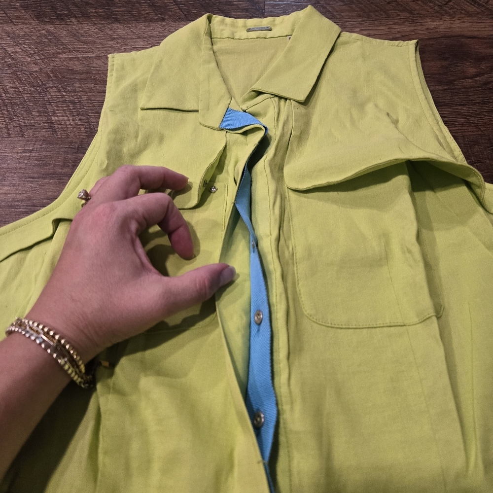 Elie Tahari Gianna Shirt Dress Chartreuse Neon Green Linen Preppy Pockets Casual - Picture 8 of 13